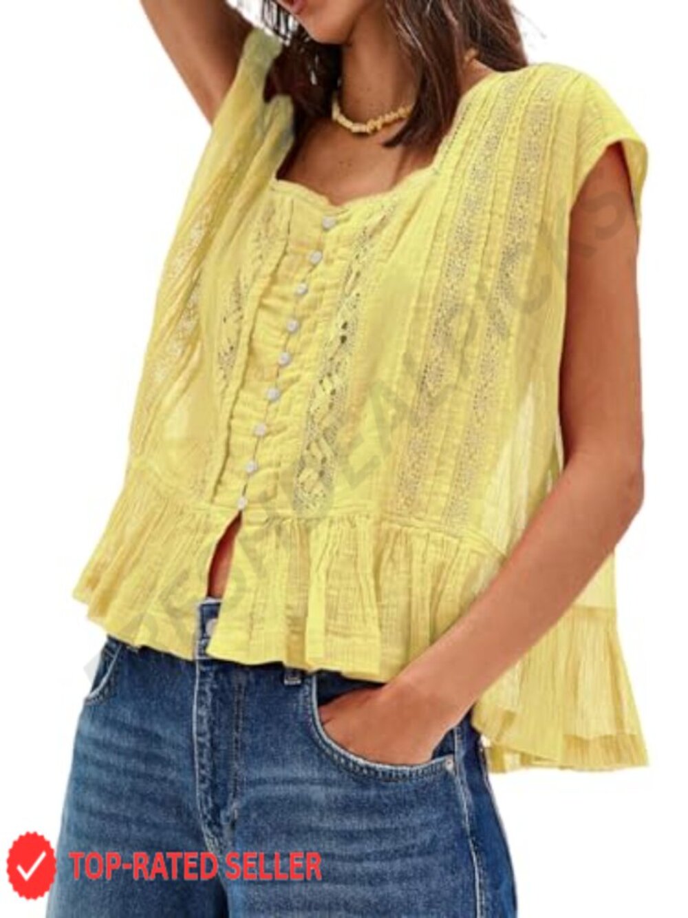 Lace Boho Tie Front Peasant Blouse Ruffle Eyelet Babydoll Top